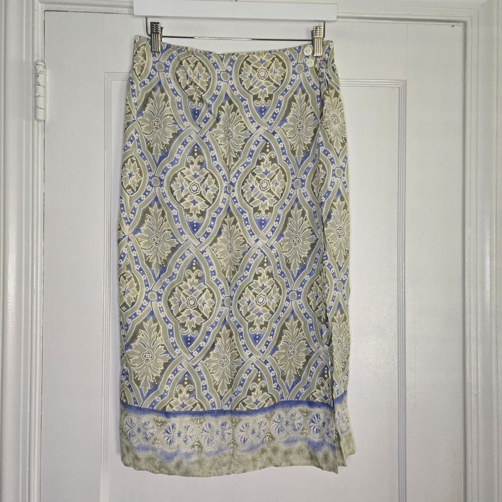 Sag Harbor Faux Wrap Midi Skirt Straight Elastic Waist Blue Green Coastal Beachy